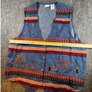 Bobbie Brooks Woman Denim Vest Autumn Fall Scene Embroidery Size 22W 24W